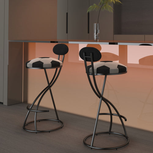 Upholstered S-shaped Barstools Set of 2 Velvet Counter Bar Stools Football Print Round Dining Stool for Kitchen & Living Room (Black Frame & Black Back)