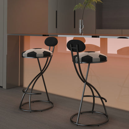Upholstered S-shaped Barstools Set of 2 Velvet Counter Bar Stools Football Print Round Dining Stool for Kitchen & Living Room (Black Frame & Black Back)