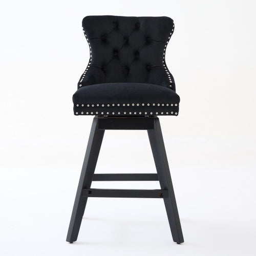 Swivel Velvet Barstools with Button Tufted Decoration and Wooden Legs, and Chrome Nailhead Trim, Leisure Style Bar Chairs,Bar stools, Set of 2 (Black)
