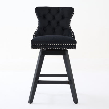 Swivel Velvet Barstools with Button Tufted Decoration and Wooden Legs, and Chrome Nailhead Trim, Leisure Style Bar Chairs,Bar stools, Set of 2 (Black)
