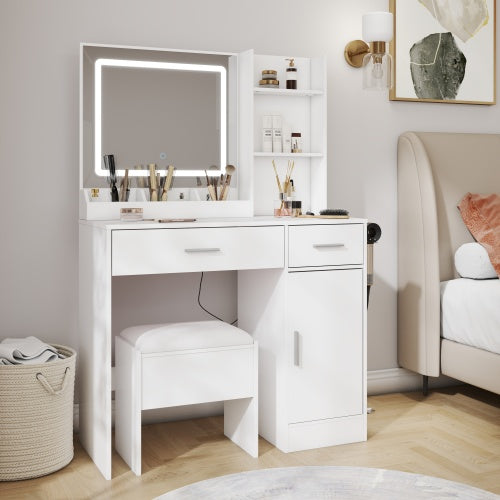 White Makeup Vanity Set with LED Mirror, Charging Station, Stool, 2 Drawers, Open Shelves & Storage Cabinet