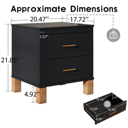 Black Fluted Nightstand, 2-Drawer Bedside Table with Metal Handles & Solid Wood Legs