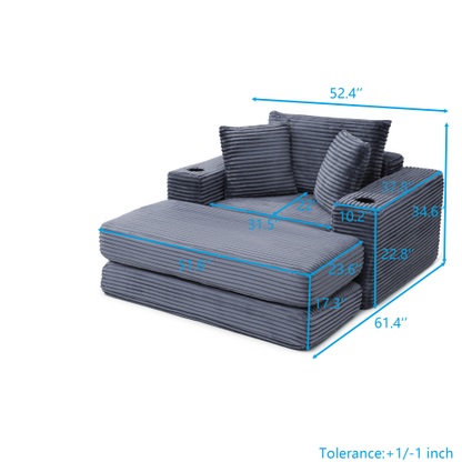 Grey Boneless 3-in-1 Corduroy Chaise Lounge Sofa Bed, 52.4 inch