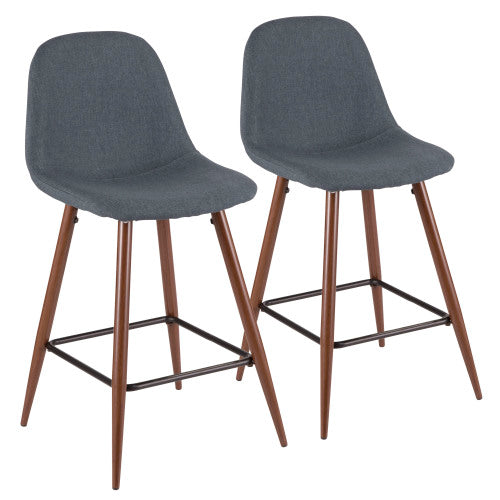 Pebble Mid Century Modern Counter Stool Set of 2 Walnut and Blue LumiSource Fixed Height