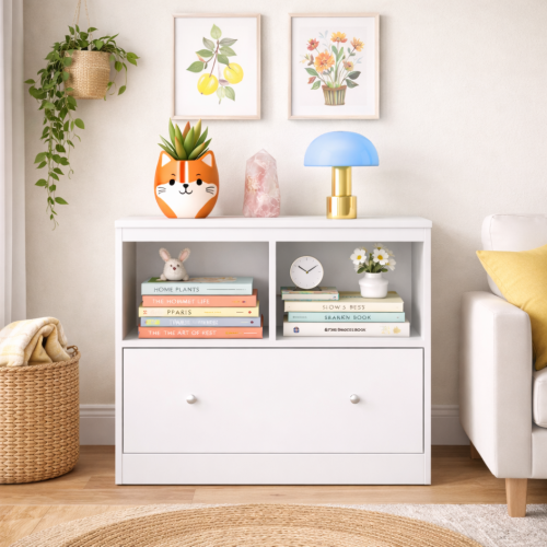 White Kids Storage Cabinet 2 Open Shelves With Full-Width Drawer Anti-Tip Design For Playroom Nursery