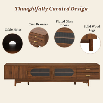 78.7 inch Walnut Fluted Glass Door TV Stand 2 Drawer Media Console Solid Wood Leg For 85 inch TV