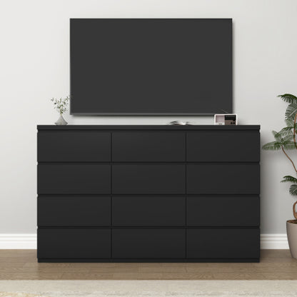 12 Drawers Double Dresser, Modern Wood Dresser Chest of Drawers with Large Storage Space for Bedroom, Black