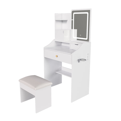 White 3-Color LED Vanity Mirror with Stool, 2 Drawers & 5 Storage Cabinets (4 Open + 1 Hidden), Adjustable Lighting