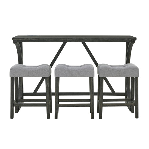 59 Inch Farmhouse Wood Bar Table Set with Power Outlet, 4-Piece Brown Linen Padded Stools Dining Furniture