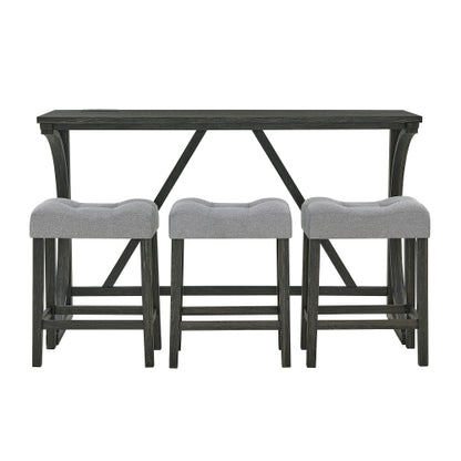 59 Inch Farmhouse Wood Bar Table Set with Power Outlet, 4-Piece Brown Linen Padded Stools Dining Furniture