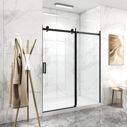 56"-60"W x 70"H Frameless Shower Door, Sliding Shower Door, with Premium 5/16"(8mm) Thick Tempered Glass Shower Enclosure,Double Side Easy Clean Coat,Matte Black Finished With Buffer