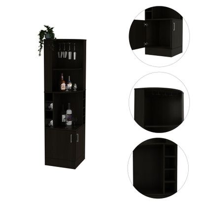 Corner Bar Cabinet, Eight Bottle Cubbies, Double Door, Two Open Shelves -Black