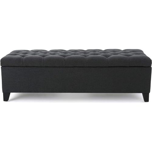 51 Inch Dark Grey Tufted Storage Ottoman Bench, Diamond Stitch Upholstered Footrest with Self-Support Soft Close Hinges