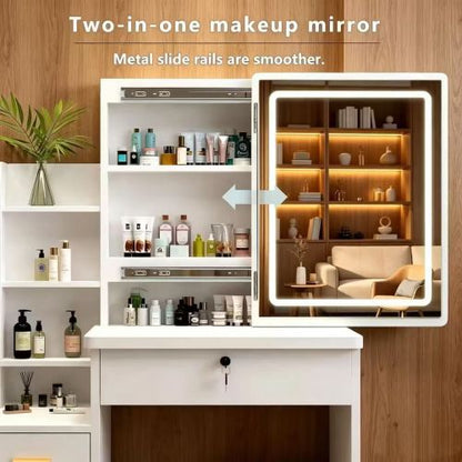 White Modern Vanity Set with LED Mirror, Cushioned Stool, Sliding Glass Door, 3 Lighting Modes, Bedroom Dressing Table