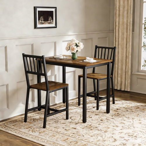 3-Piece Walnut Industrial Dining Set, Table & 2 Chairs