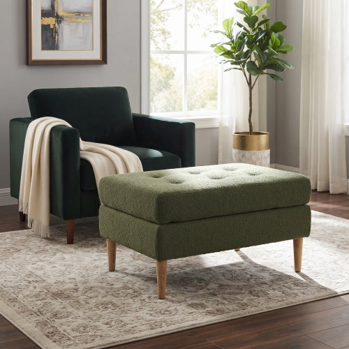 Olive Green Boucle Upholstered Ottoman, Tufted Footrest with Solid Rubber Wood Legs, 350 LBS Weight Capacity