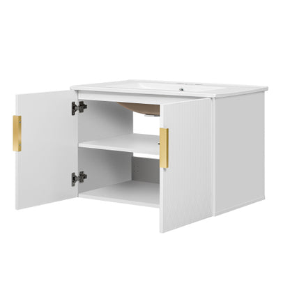 30" Vintage Bathroom Vanity with Ceramic Sink, with 3 Holes Single Ceramic Sink, Bathroom Storage Vanity Cabinet with 2 Soft Closing Doors