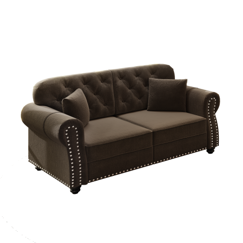 63 inch  Brown Velvet Mid-Century Sofa, Nailhead Trim & 2 Pillows