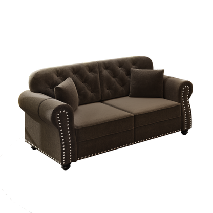 63 inch  Brown Velvet Mid-Century Sofa, Nailhead Trim & 2 Pillows