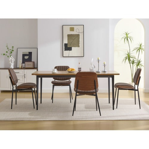 Set of 2 Mid Century Modern Faux Leather Dining Chairs with Walnut Bentwood Back and Metal Legs, Brown PU