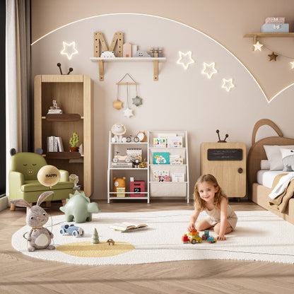 White Montessori Kids Bookshelf Wooden Fabric Combined Anti-Tip Toddler Nursery Book Toy Storage Rack