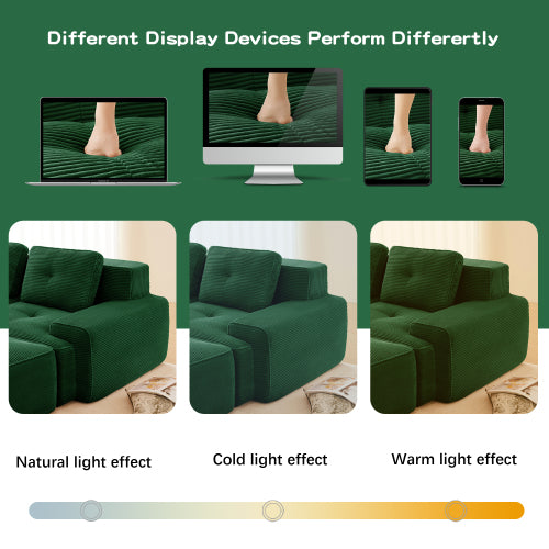 82 inch  Green L-Shaped Corduroy Modular Sofa, Movable Ottoman, No Assembly Required