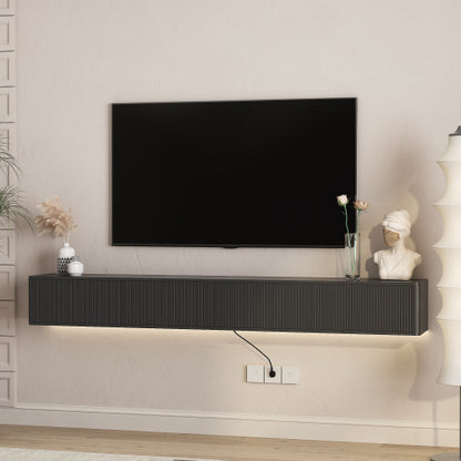 Wall Mount Floating High Gloss TV Cabinet with 16 Color LED Lights & Power Outlet for Living Room