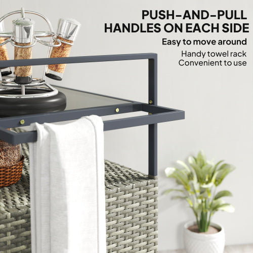 Wicker Outdoor Bar Table with 2-Tier Shelf & Cabinet, Mixed Gray
