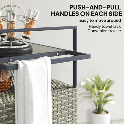 Wicker Outdoor Bar Table with 2-Tier Shelf & Cabinet, Mixed Gray