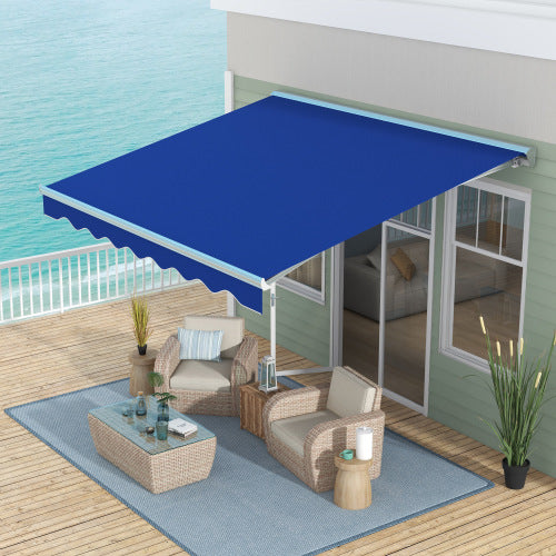 Outsunny 13' x 10' Electric Awning with LED Lights, Retractable Awning, UV40+ Sun Shade Shelter with Remote Controller and Crank Handle for Deck, Balcony, Yard, Blue