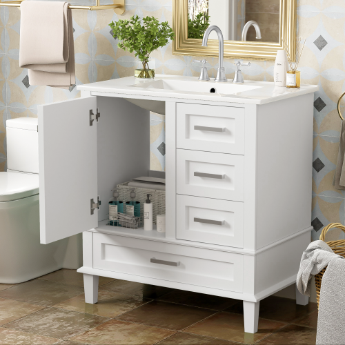 30" Bathroom Vanity , Modern Bathroom Cabinet with Sink Combo Set, Bathroom Storage Cabinet with a Soft Closing Door and 3 Drawers, Solid Wood Frame(White)