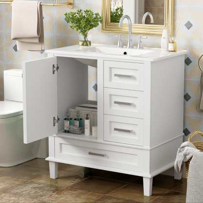 30" Bathroom Vanity , Modern Bathroom Cabinet with Sink Combo Set, Bathroom Storage Cabinet with a Soft Closing Door and 3 Drawers, Solid Wood Frame(White)