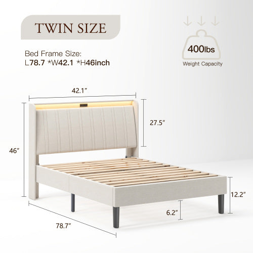 Twin Size Platform Bed Frame with Fabric Upholstered Headboard and Wooden Slats Support