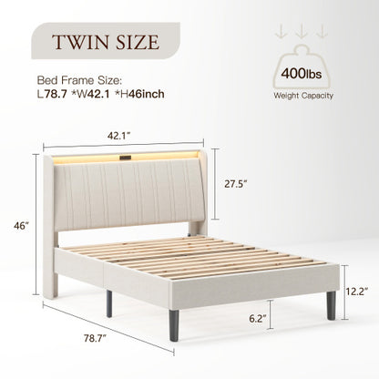Twin Size Platform Bed Frame with Fabric Upholstered Headboard and Wooden Slats Support