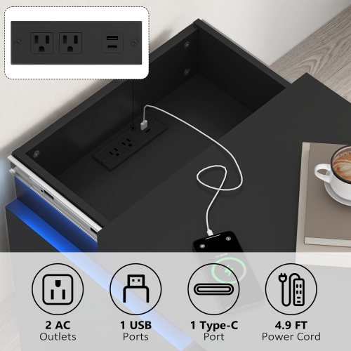 2 Pack Black Nightstand, Sliding Top Charging Station & RGB LED Fluted Drawers