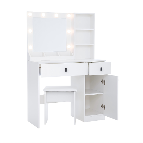 White Vanity Desk with Lights & Mirror, Large Drawers & Three Level Storage, 3 Lights Brightness Adjustable