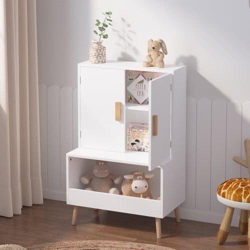 Kids Toy Storage Cabinet with Doors and Open Shelf White