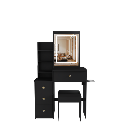 Contemporary Black Vanity Desk with LED Mirror, 4 Drawers & Open Storage, Outlet & Dryer Holder, Includes Dressing Chair