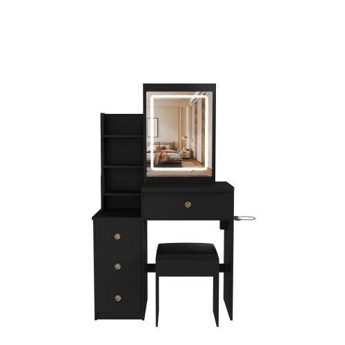 Contemporary Black Vanity Desk with LED Mirror, 4 Drawers & Open Storage, Outlet & Dryer Holder, Includes Dressing Chair