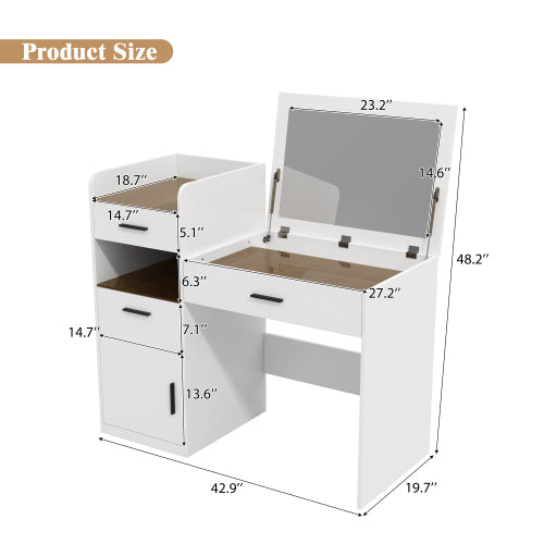 White 3in1 Flip-Top Vanity Desk, Amber Glass Top, Adjustable Dividers, Hidden Storage Cabinet
