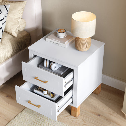 White Fluted Nightstand, 2-Drawer Bedside Table with Metal Handles & Solid Wood Legs