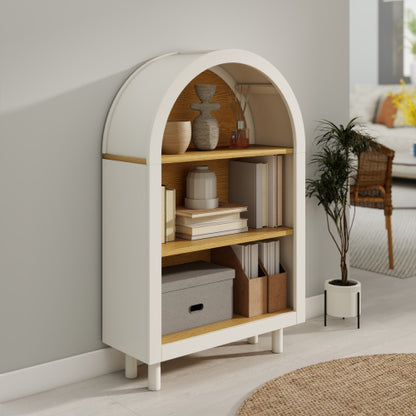 Arched Small Bookcase,Arched Storage Cabinet,Wooden Modern Arched Top Bookshelf with 3 Shelves,White with Woodgrain Shelves, 3-Tier Storage Shelf for Living Room, Bedroom, Entryway