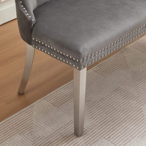 Velvet Double Dining Loveseat Bench, Kitchen & Dining Seating, 2-Seat Tufted Bench w/Handmade Buttons, Wing Back, Brushed Silver Stainless Steel Legs, Mid Century Modern,Single Pack,Gray