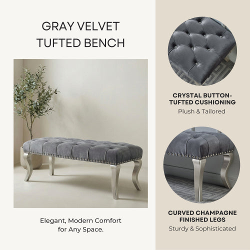 Decor Tufted Fabric Upholstered Bench Nailhead Trim , Gray
