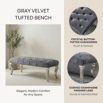 Decor Tufted Fabric Upholstered Bench Nailhead Trim , Gray