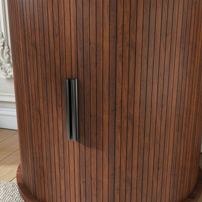 Walnut Cylinder Nightstand, Mid-Century Round Side Table with Charging Station & Sliding Door