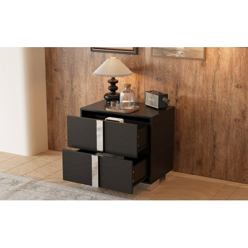 Elegant Nightstand with Metal Foot, Mirrored Bedside Table with 2 Drawers for Bedroom, Living Room, Black