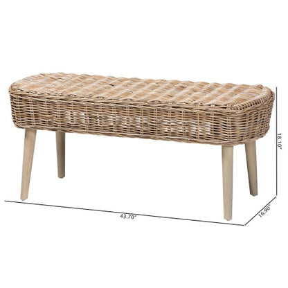 Modern Bohemian Natural Kubu Rattan and Grey Acacia Wood Accent Bench
