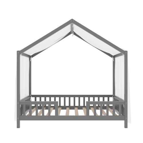 Montessori Floor Bed with Canopy, Twin Bed Frame for Kids, House Shape Toddler Bed Frame with High Railings, Wood Kids Bed with Roof, Kid Twin Bed, Grey