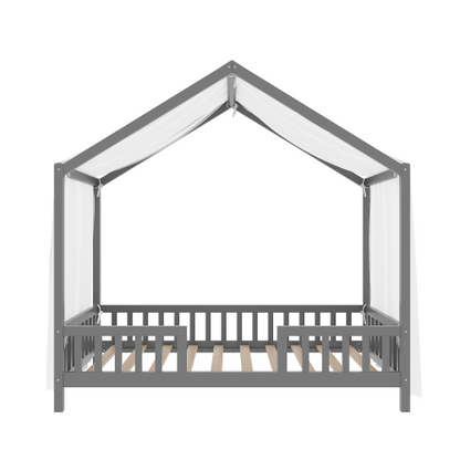 Montessori Floor Bed with Canopy, Twin Bed Frame for Kids, House Shape Toddler Bed Frame with High Railings, Wood Kids Bed with Roof, Kid Twin Bed, Grey